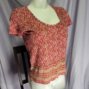 Lucky Brand Red and Gold Patterned Women's Tee
